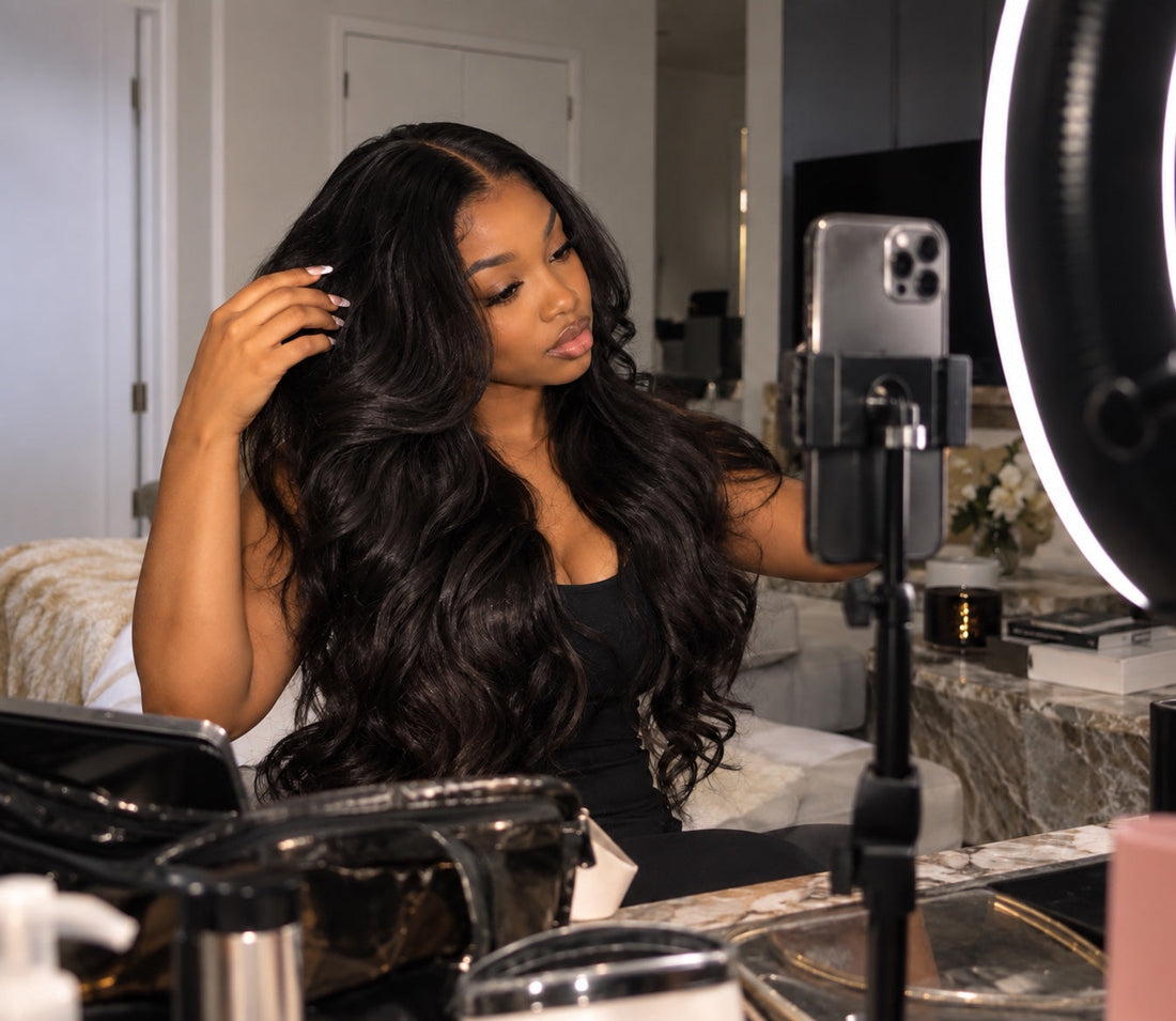 Beauty content creator filming herself at home with a phone and ring light