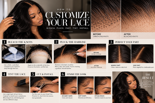 How to customize your lace guide showing bleaching knots, plucking, parting, tinting and installing HD lace