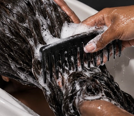Raw hair being washed with visible suds and a wide-tooth comb